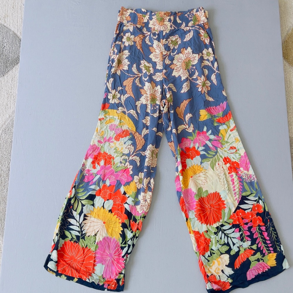 Anthropologie Floral Wide Leg Pants S Blue Multicolor Boho Elastic Waist Palazzo